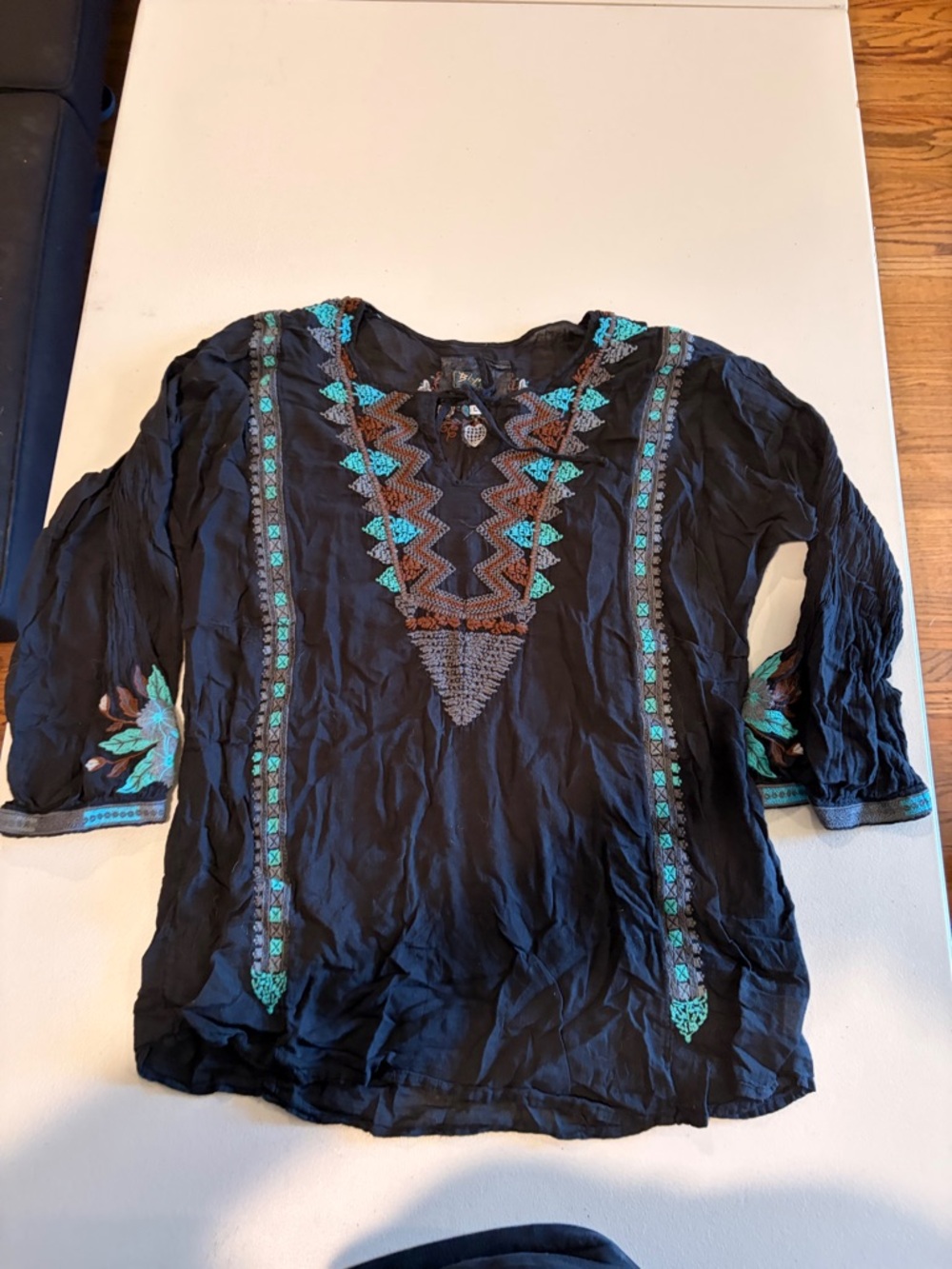 Biya Johnny Was Tunic Embroidered Long Sleeve Boho Shirt Size Large Black